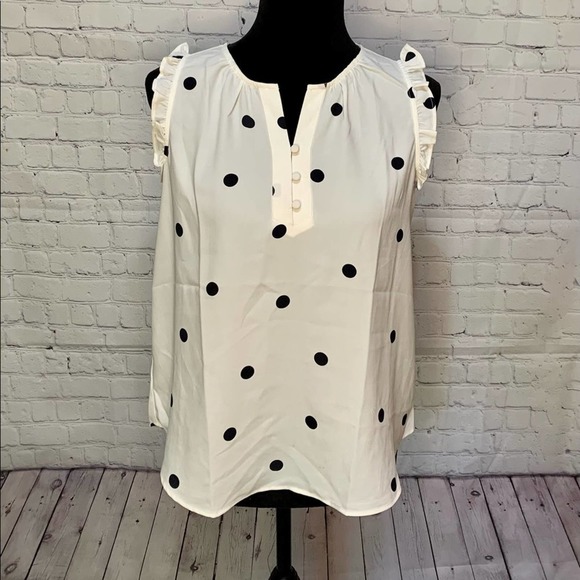 LOFT Tops - 𝅺loft Ladies Small Petite White Black Polka Dots Ruffle Detail Blouse Top